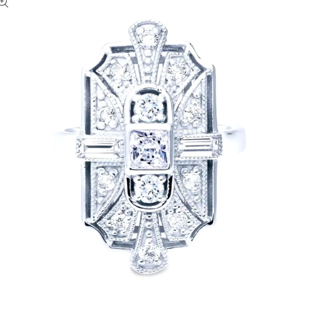 Sterling Silver + Crystal CZ Statement Art Deco Milgrain Cocktail Ring - Picture 5 of 9